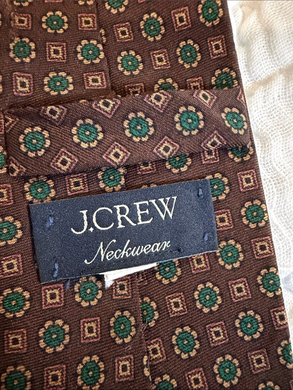 J. Crew Brown Geometric Silk-Blend Tie with Green Accents